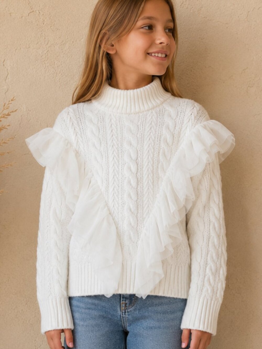 GB girls Ivory Long Sleeve Tulle Cable Knit Sweater Sz M (8/10) NWT